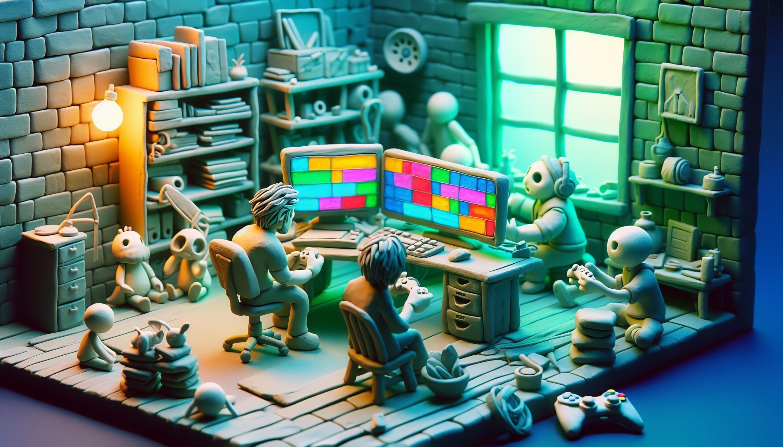 An animated scene of small, whimsical characters engaged in various digital tasks in a colorful, cluttered room with brick walls, two large monitors displaying vibrant blocks of color, and items like headphones, books, and gaming controllers scattered around.